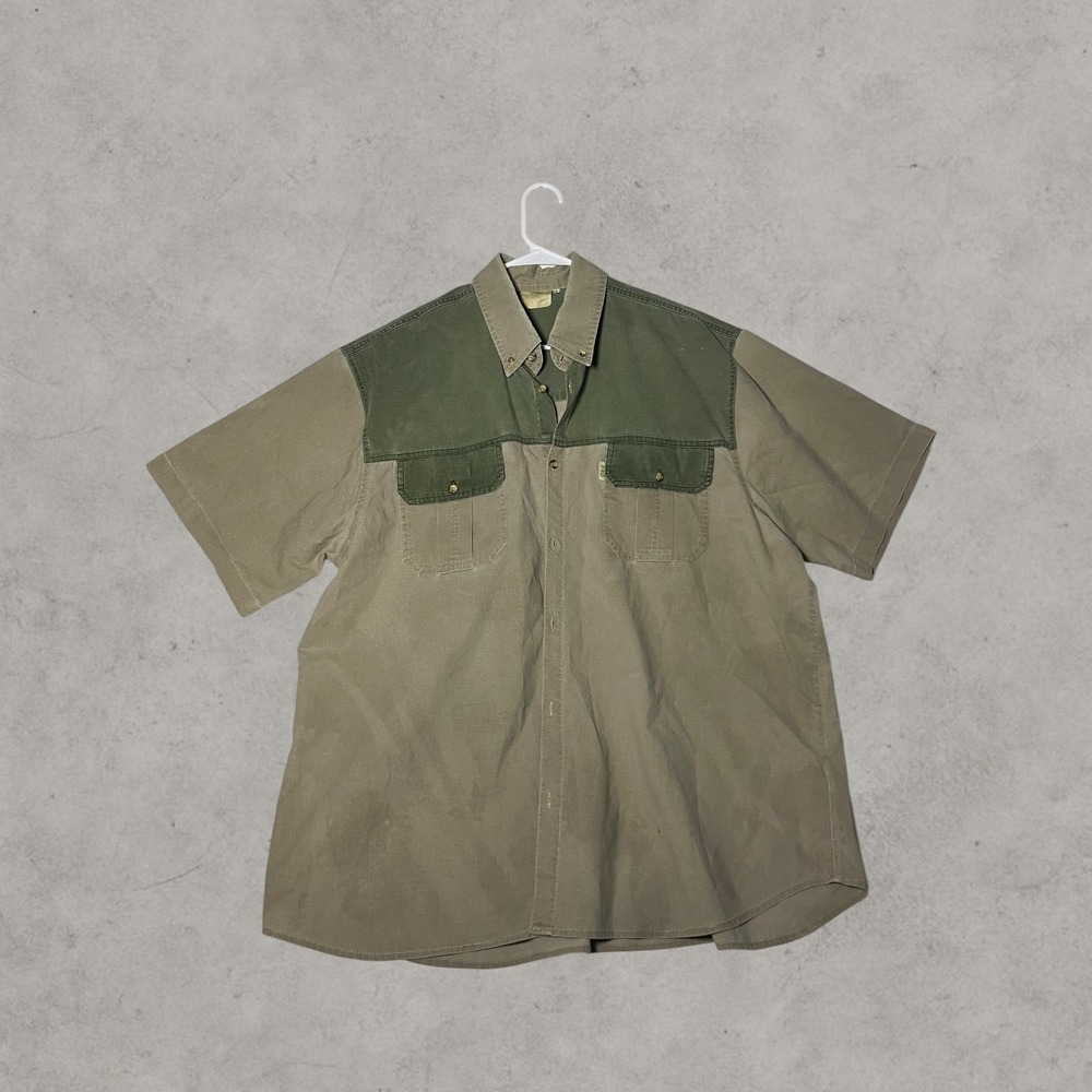 Vintage TAG Safari Mens XL Short Sleeve Button Down Shirt Two Tone Khaki Green